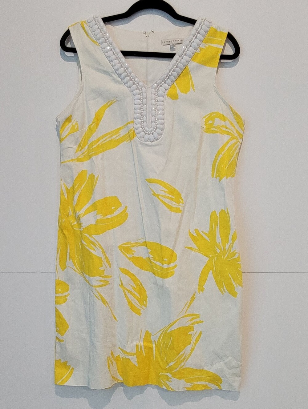 Sandra Darren Size 14 Yellow White Floral Beaded Shift Dress